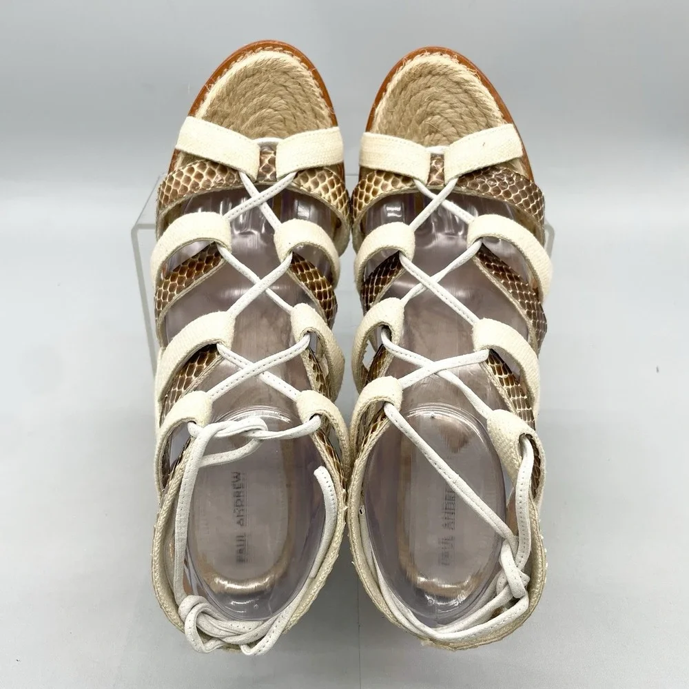 Paul Andrew Womens 40 10 Gladiator Sandals Shoes Snake Print Ivory Wedge Lace Up_8